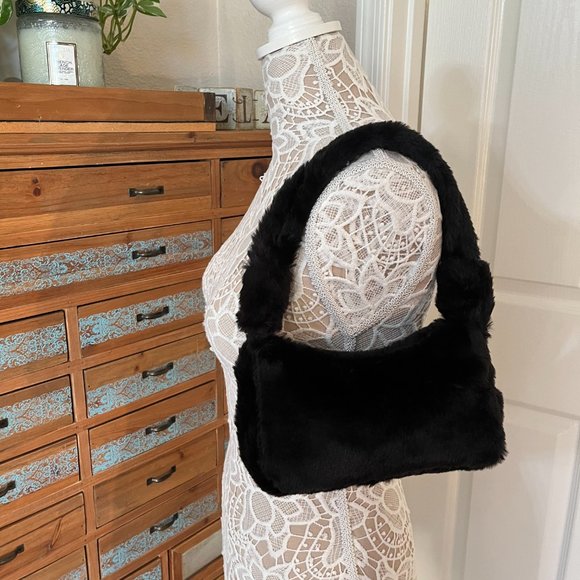 Furry Fluffy Soft Plush Shoulder Mini Hobo Handbag - NWT - Black - Picture 3 of 11